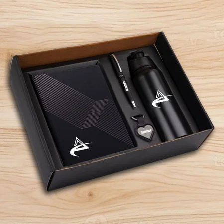 Black Customized 4 in 1 set: Stainless Steel Bottle, Metal Pen, Metal Keychain, A5 Notebook