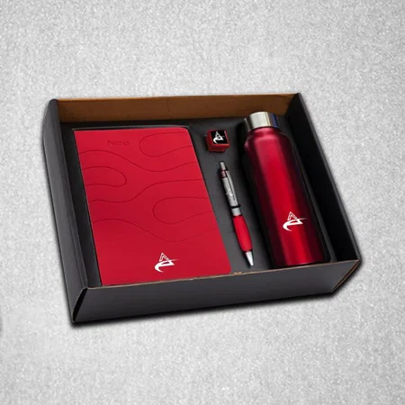 Red Customized 4 in 1 Set: Steel Bottle, Metal Pen, Silicon Mobile Stand, Ribbon PU Notebook
