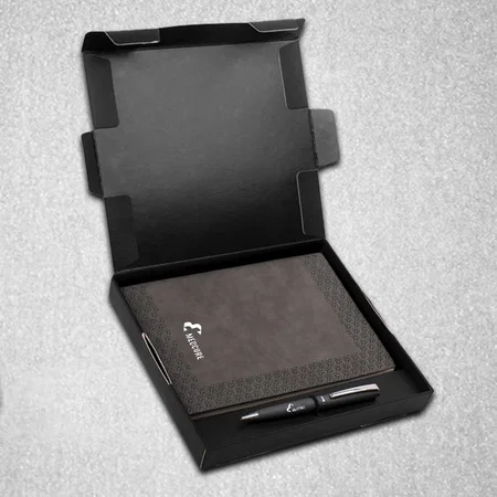 Grey Customized Notebook With Metal Texture Pen | Gift Set in Black Texture Box