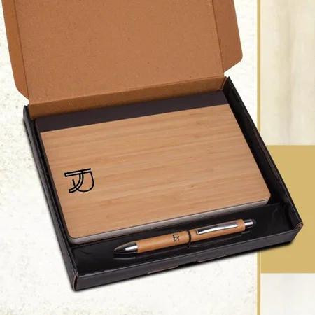 Brown Customized Bamboo Notebook with Bamboo Pen | Gift Set in Black Texture Box