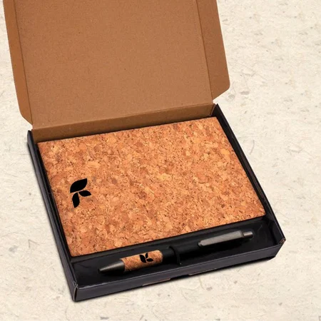 Brown Customized Cork Notebook with Cork Grip Velvet Touch Pen | Gift Set in Black Texture Box