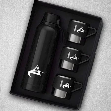 Black Customized 4 pc Gift Set : Insulated Steel Bottle With 3 Steel Cups | Keeps Hot for 4-6 hours | Heavy Gift box With Handle