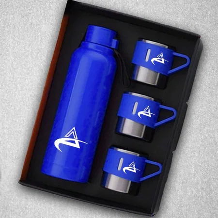Blue Customized 4 pc Gift Set : Insulated Steel Bottle With 3 Steel Cups | Keeps Hot for 4-6 hours | Heavy Gift box With Handle