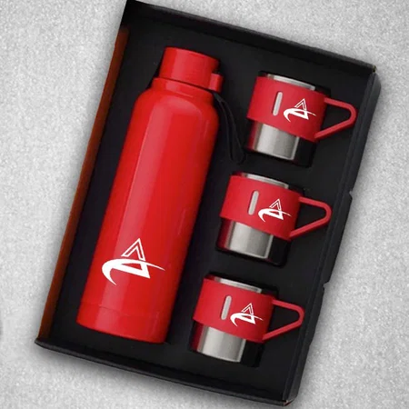 Red Customized 4 pc Gift Set : Insulated Steel Bottle With 3 Steel Cups | Keeps Hot for 4-6 hours | Heavy Gift box With Handle