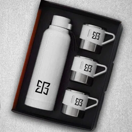 White Customized 4 pc Gift Set : Insulated Steel Bottle With 3 Steel Cups | Keeps Hot for 4-6 hours | Heavy Gift box With Handle