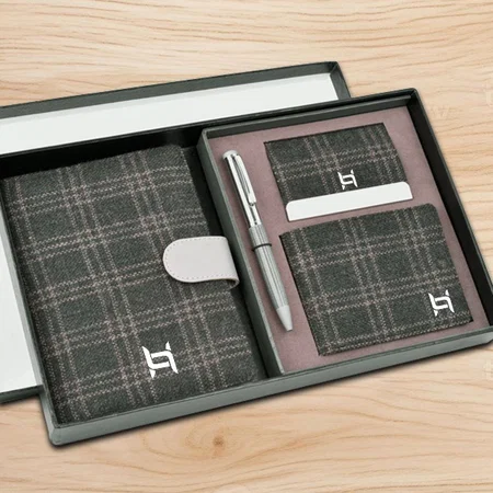 Customized Tweed Grey Set of 4: Multi Use Passport Holder, Wallet, Card Holder, Metal Pen