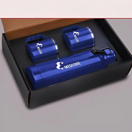Blue Customized Set of Candy Insulated Steel Bottle With 2 Stainless Steel Cups in Gift Box | Keeps hot/cold up to 6 hours | Exclusive Blister Packing