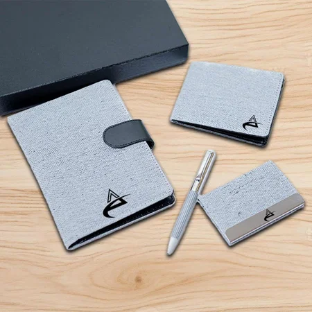 Customized Canvas Grey Set of 4: Multi Use Passport Holder, Wallet, Card Holder, Metal Pen