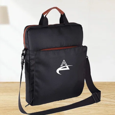Black Customized Minimalistic Sling Laptop bag | Sleek design with Brown Highlights