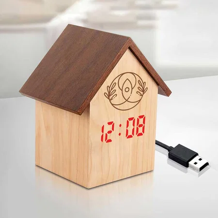 Customized Hut shape wooden LED clock with temperature and sound sensor | Dual power (Battery / USB)