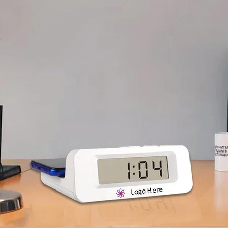 White Customized Digital Clock With 10W Wireless Charger | Type C Input For Charger
