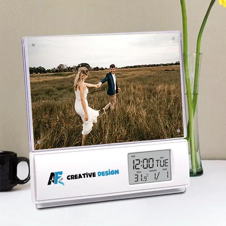 White Customized Clock with Temperature and Magnetic Photo Frame