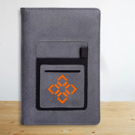 Soft Grey Customized A5 notebook with mobile pocket, card holder pocketpen loop