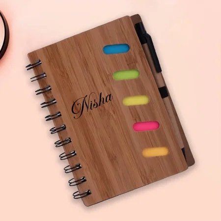 Brown Customized Bamboo notebook with sticky notes and pen