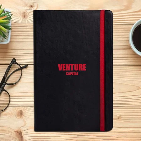 Red Customized Notebook with Memorandum & Hard Bound Cover | Elastic Band and Ribbon | Logo Matches Band Color