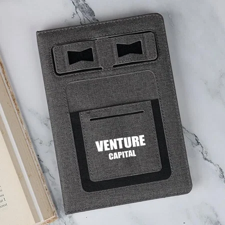 Grey Customized A5 Notebook with Phone Stand, Card Pocket, Mobile Pocket, Pen Loop & Elastic Fastener