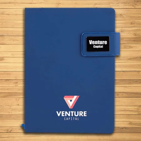 Blue Customized A5 Notebook with Gunmetal Plate and Magnet Lock | Hard Bound Cover | Pages with Memorandum, Month Planner & Bookmark Ribbon | 176 Writing Pages