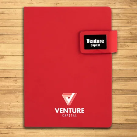 Red Customized A5 Notebook with Gunmetal Plate and Magnet Lock | Hard Bound Cover | Pages with Memorandum, Month Planner & Bookmark Ribbon | 176 Writing Pages