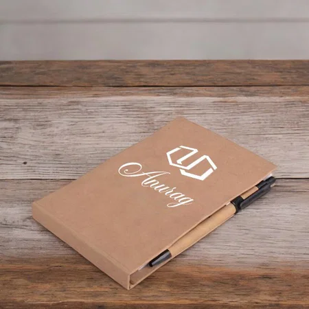 Brown Customized Folding Writing Pad with Sticky Notes and Eco Pen | Mobile Stand Function