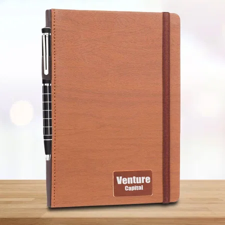 Brown Customized Wooden Texture PU Notebook with Bookmark Ribbon, Elastic Fastener, Pen Slot and Metal Plate
