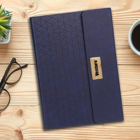 Blue Customized Pyramid 3 Fold Notebook with Magnetic Flap and Metal Plate