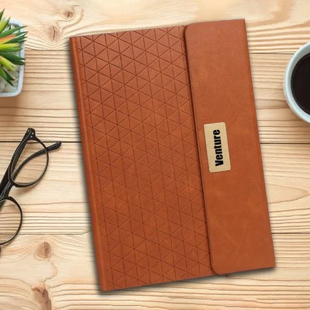 Brown Customized Pyramid 3 Fold Notebook with Magnetic Flap and Metal Plate