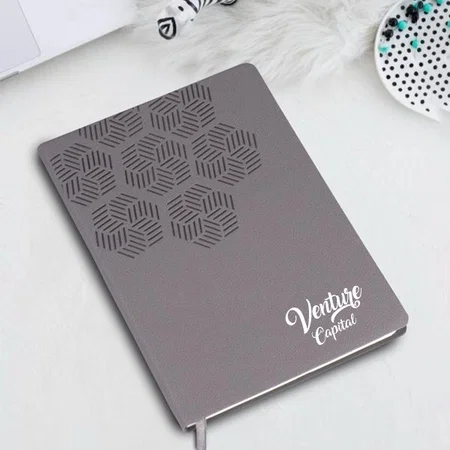 Grey Customized A5 Notebook with Memorandum and Bookmark Ribbon | HD Texture PU