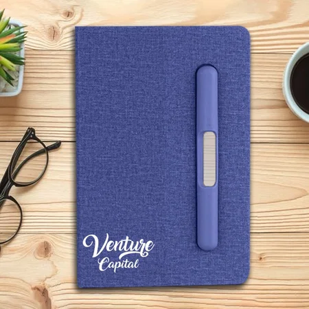 Blue Customized A5 Notebook with Hard Pen Slot and Folding Cover Phone Stand