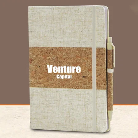 Brown & White Customized Cork Fabric Notebook with Cork Pen | 200 Writing Sheets | 80 gsm Pages | Eco Friendly