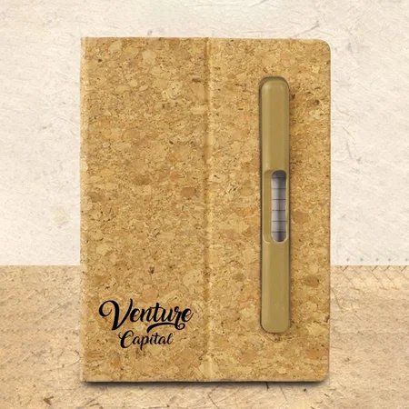 Brown Customized Cork A5 Notebook with Hard Pen Slot and Folding Cover Phone Stand