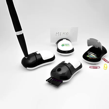Black Customized Mouse Shape 4 in 1 Table Top (With Pen Holder, Memo Holder, Paper Clip Holder & Keyboard Cleaning Brush)