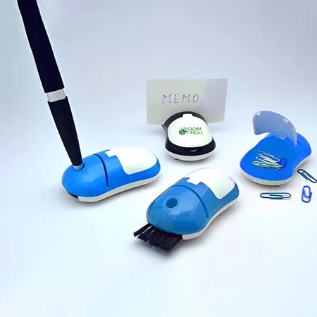 Blue Customized Mouse Shape 4 in 1 Table Top (With Pen Holder, Memo Holder, Paper Clip Holder & Keyboard Cleaning Brush)