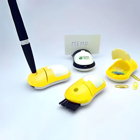 Yellow Customized Mouse Shape 4 in 1 Table Top (With Pen Holder, Memo Holder, Paper Clip Holder & Keyboard Cleaning Brush)