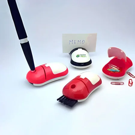 Red Customized Mouse Shape 4 in 1 Table Top (With Pen Holder, Memo Holder, Paper Clip Holder & Keyboard Cleaning Brush)