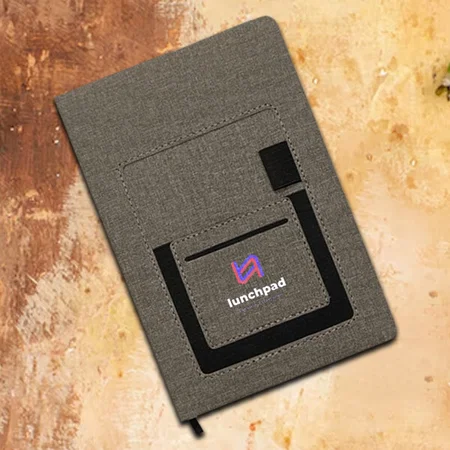 Grey Customized A5 Notebook with Mobile Pocket, Card Holder Pocket & Pen Loop