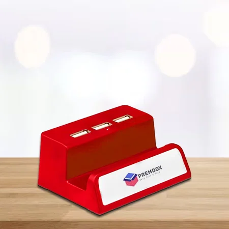 Red Customized 3 USB Hub With Mobile Stand and Logo Highlight (Top USB)