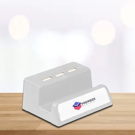 White Customized 3 USB Hub With Mobile Stand and Logo Highlight (Top USB)