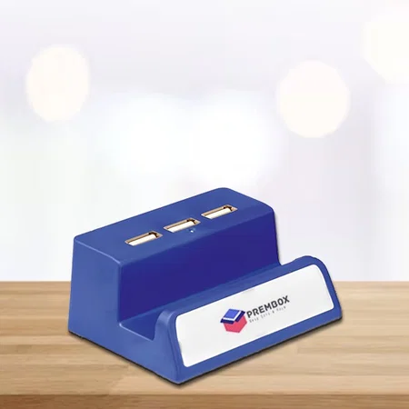 Blue Customized 3 USB Hub With Mobile Stand and Logo Highlight (Top USB)