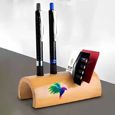 Brown Customized Bamboo card holder with double pen holder (with PU Gloss coating)