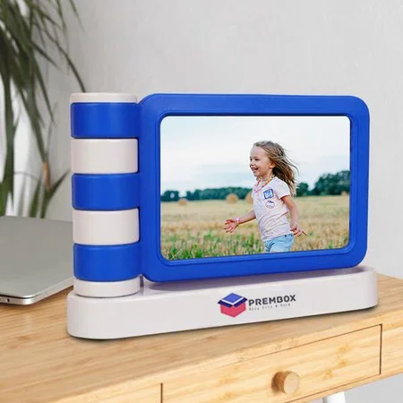 Blue Customized Flag Style Photo Frame With Pen Stand & Stationery Holder