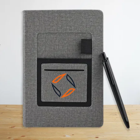Soft Grey Customized A5 notebook with mobile pocket, card holder pocket & pen loop