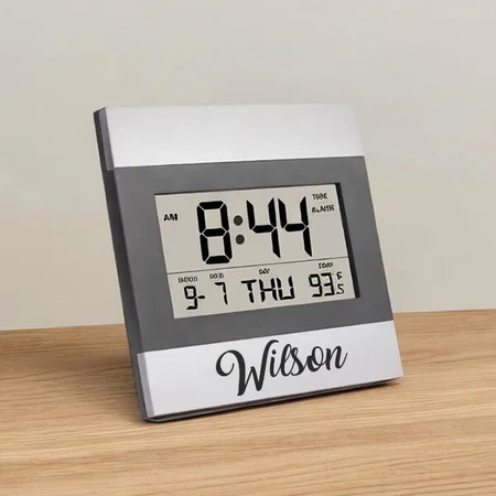 Grey Customized Large display clock with Day, Date & Temperature | Can be used as wall or table clock