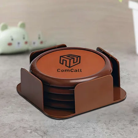 Brown Customized Leather Finish Plastic Coaster Set Of 4 With Stand (Round)