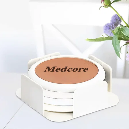 White Customized Leather Finish Plastic Coaster Set Of 4 With Stand (Round)