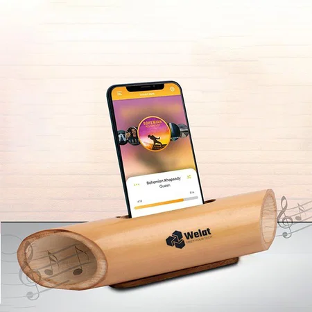 Customized Bamboo Mobile Stand with Music Amplifier for Smartphones in PU gloss finish |Universal Design