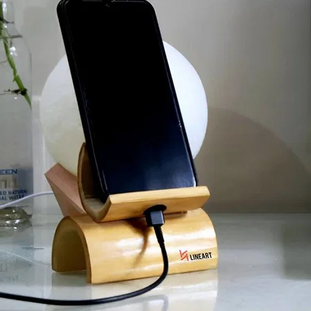Customized Bamboo Half Moon Phone Stand with Mobile Charging Hole