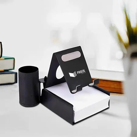Black Customized Metal Mobile Stand with Detachable Tumbler and Writing PadHolder | 200 Writing Sheets Included