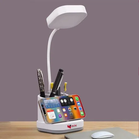 White Customized Rechargeable Lamp with Double Tumbler & Phone Stand | 3 Color Light with Brightness Adjustmen
