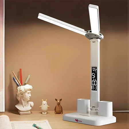 White Customized Rechargeable Lamp with Dual Tumbler | Clock with Temperature & Date | Double Lamp Heads | Phone Stand Function | 2000 mAh Battery For Long Working Time