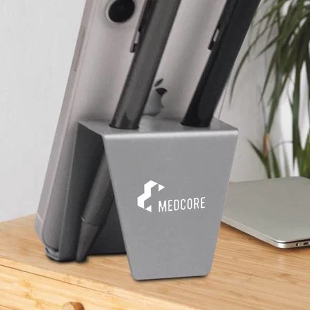 Silver Customized Mini Phone Stand With Double Pen Holder